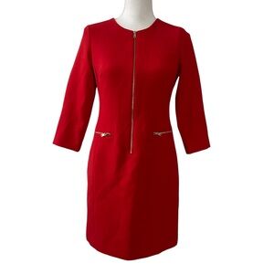Ann Taylor Petites Red 3/4 Sleeve Shift Dress Exposed Zipper Classic Career 4P